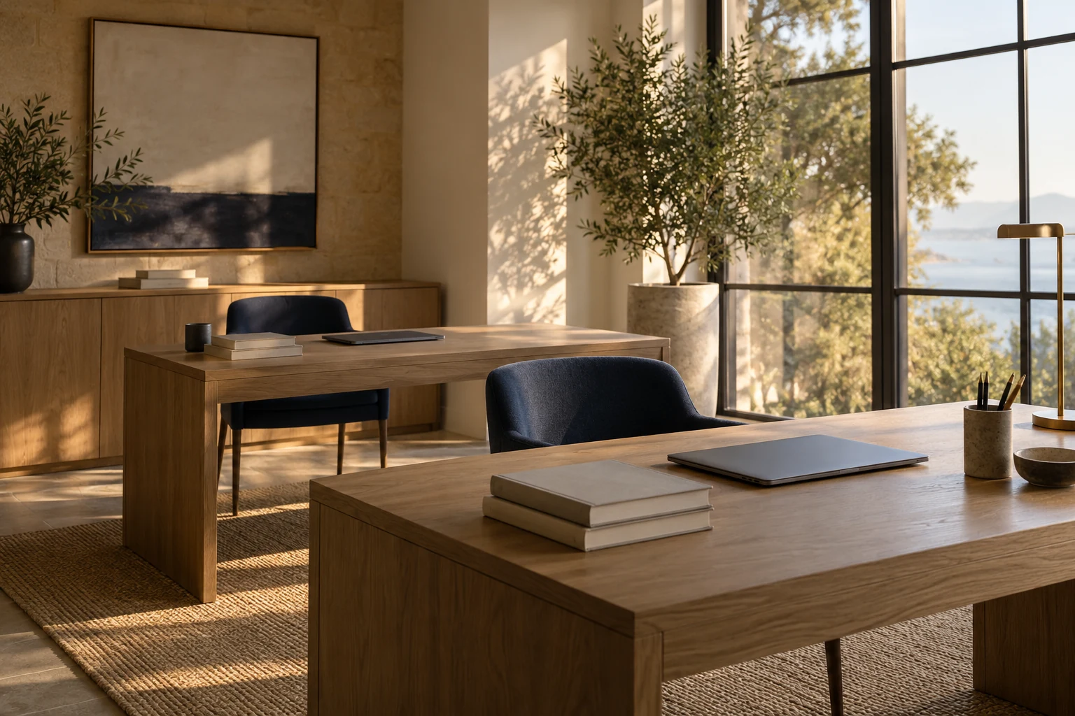 An illustrative sunlit workspace with two wooden desks and navy chairs