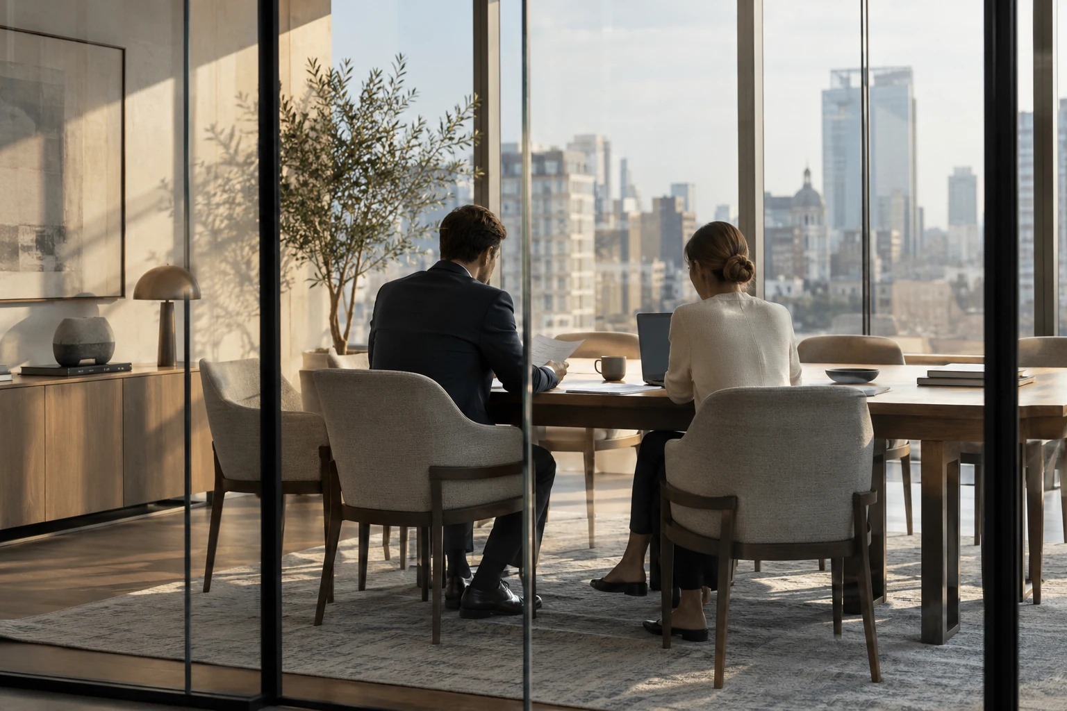 Two consultants reviewing documents in a sunlit meeting room