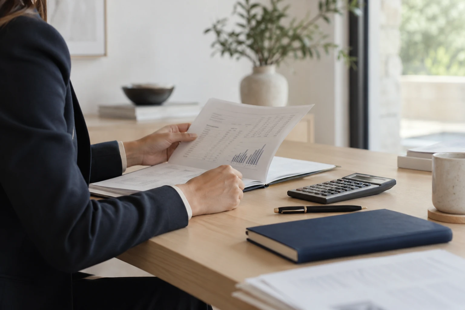 An adviser reviewing account statements beside a calculator and navy notebook