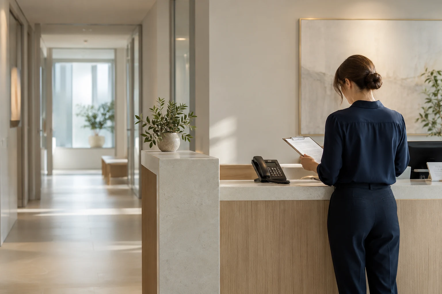 A clinic administrator reviewing a clipboard at a quiet reception desk