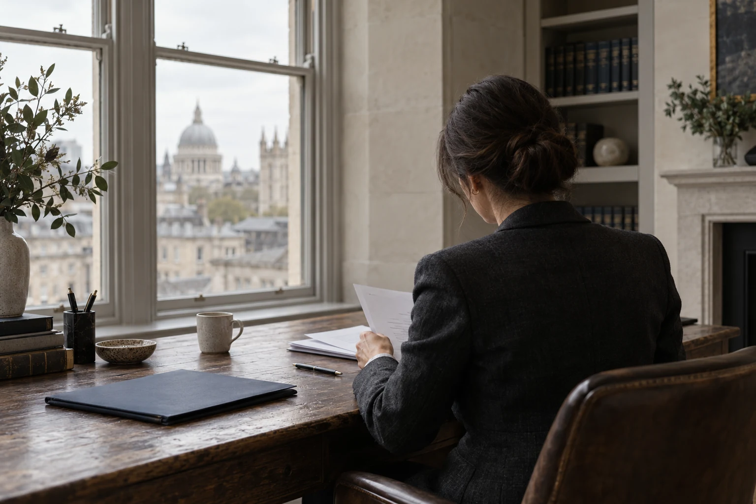 A solicitor reviewing documents at a wooden desk beside a window