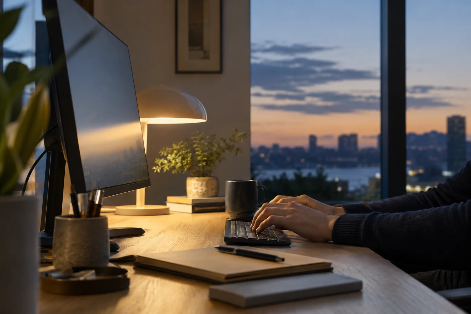 An engineer working at a desk with a monitor and warm task light