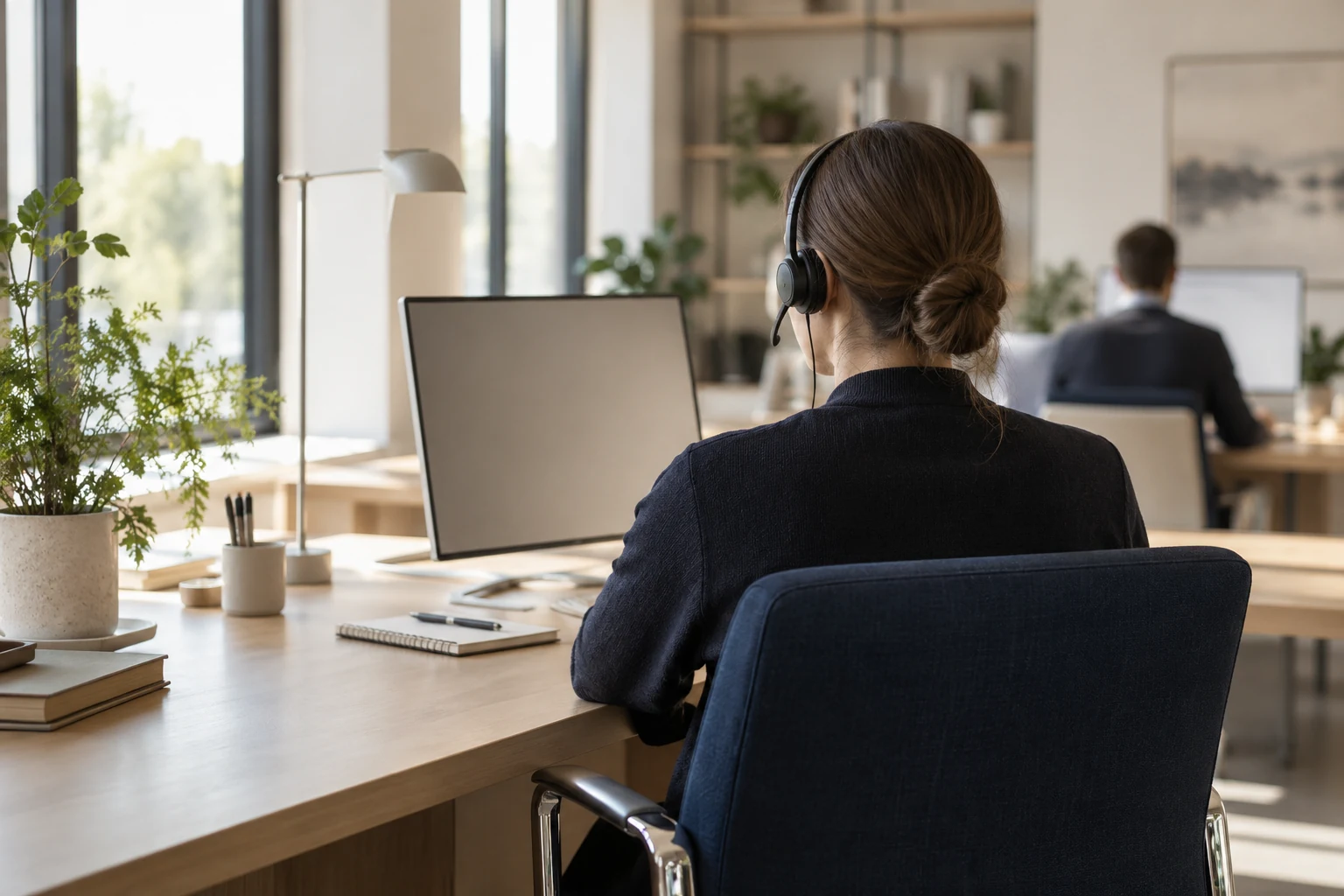 A support specialist wearing a headset at an office desk