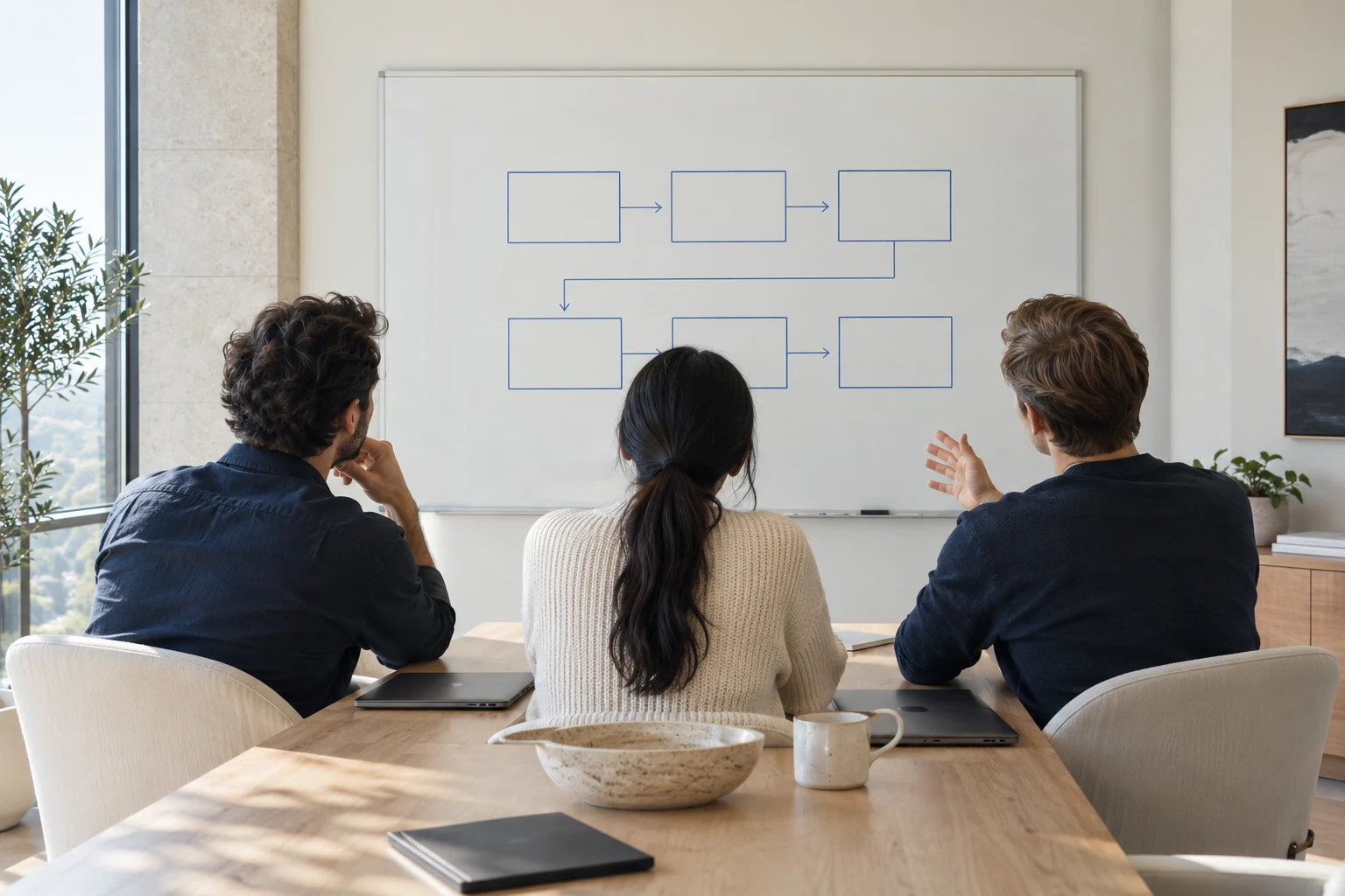 Three engineers discussing a simple box-and-arrow diagram