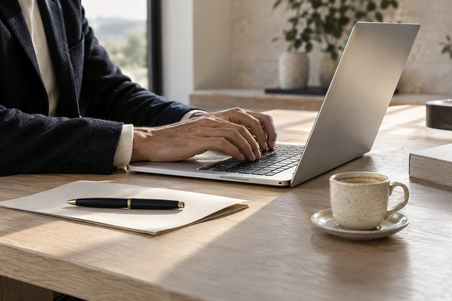 Hands typing on a laptop beside a letter, notebook and coffee