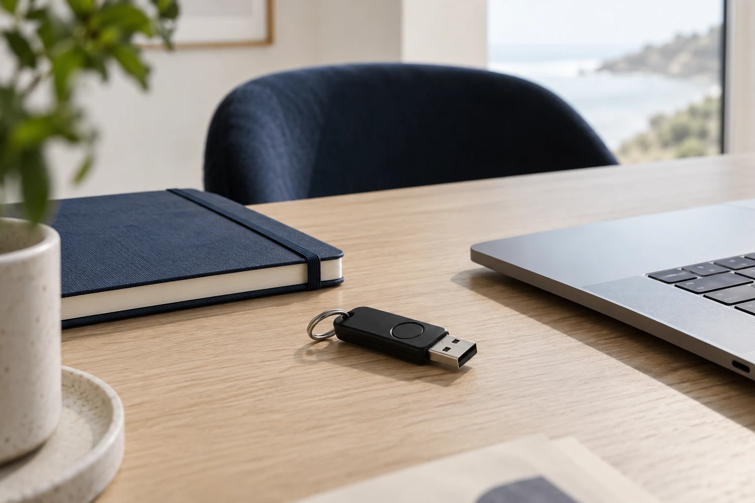 A USB security key beside a laptop and closed notebook