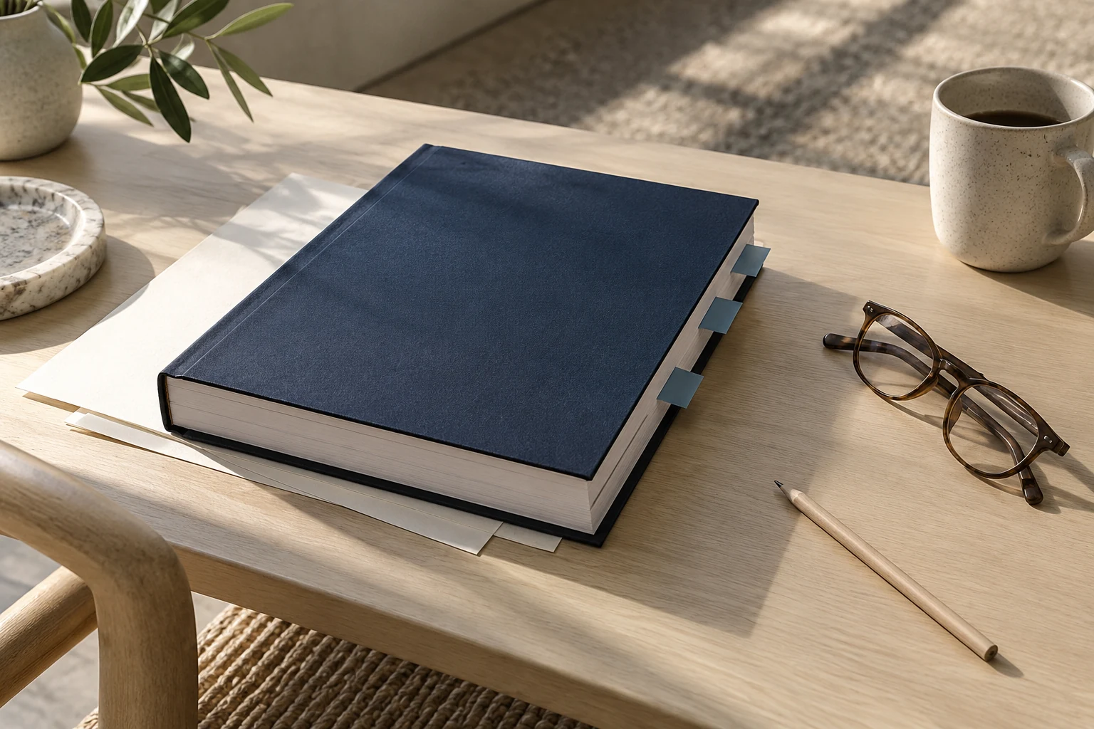 A navy report with page tabs beside reading glasses and a pencil