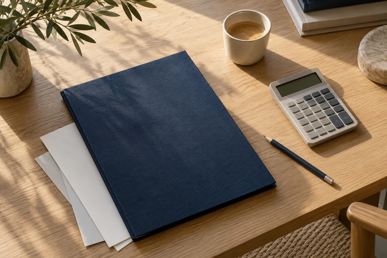 An account folder, calculator and pencil on a sunlit desk