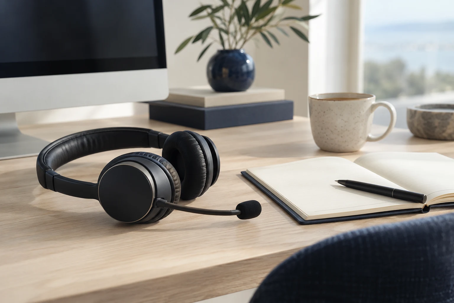 A call headset beside a blank notebook and pen